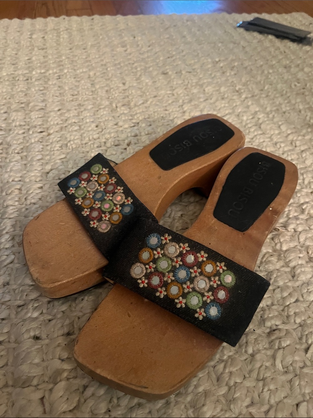 Bisou Bisou Denim Wooden Clog Slide Sandals with Multicolor Embroidered Accents